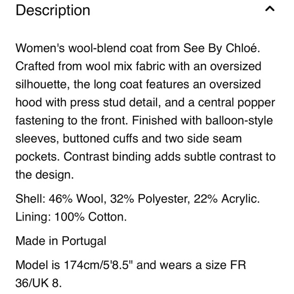 SEE by CHLOE Wool Blend Hooded Coat Medium Brown Snap Closures Pockets - Picture 3 of 14